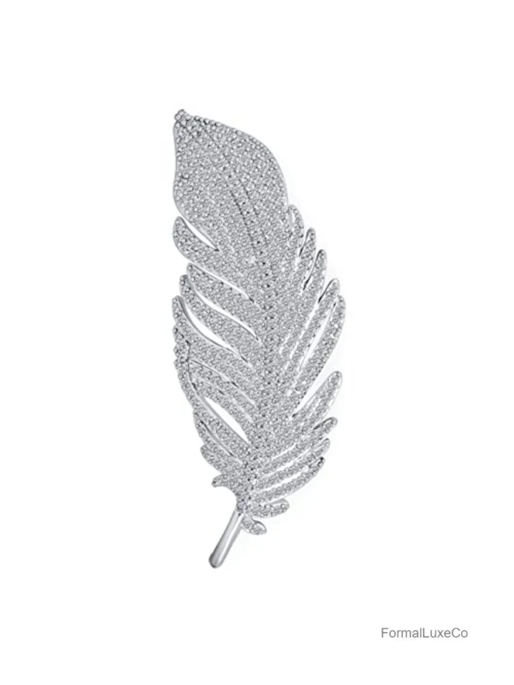 Vintage Style Micro Pave CZ Fan Feather Leaf Brooch Pin - Rhodium Plated Brass